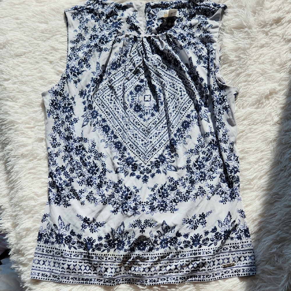 Calvin Klein White and Blue Ruffled Tie Front Blouse